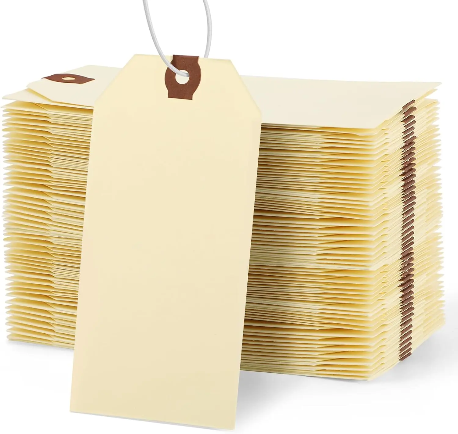100 Pcs Manila Shipping Tags with Strings, 4 3/4" x 2 3/8". Hang Tags Come with Elastic Rubber Bands. Double Layer Reinforced Eyelets. Reusable