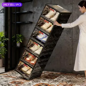 Shoe Storage Organizer, 5/6 Layer Foldable Shoe Box, Stackable, Transparent Flip Window for Easy Access, Foldable Shoe Cabinet, Entrance Shoe Rack, Hallway, Living Room, Bedroom