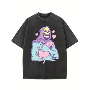 Funny Skull Cat Unisex Summer Washed Cotton T-Shirt, 80s 90s Retro Oversized Graphic Tee, Men Streetwear Grunge Aesthetic Casual Top, Ideal Birthday & Christmas Gift