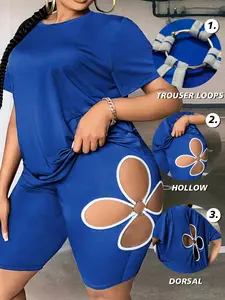 Women's Summer Cut - out Set, including a short - sleeve crew - neck slim - fitted blouse with a trendy cut - out design, and a basic T - shirt paired with shorts featuring a floral pattern.