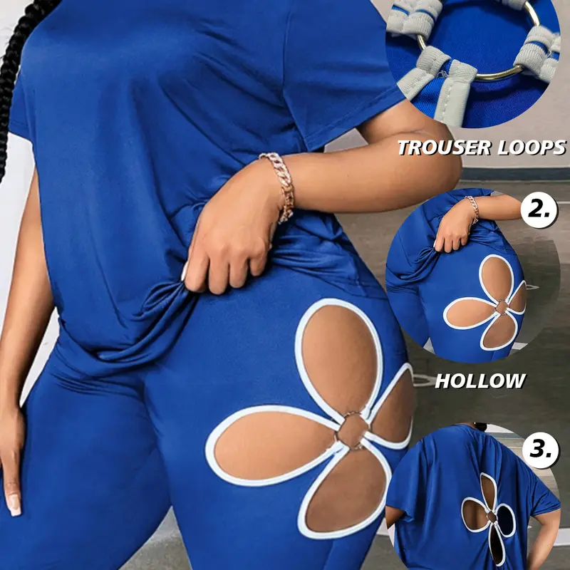 Women's Summer 2-Piece Bodycon Cut-Out Casual Set - Soft Fabric Short-Sleeve Crew-Neck Slim-Fitted Blouse, Basic T-Shirt, Breathable Stretchy Flower-Patterned Drawstring Shorts, Easy Outfit Fix for Day Wear