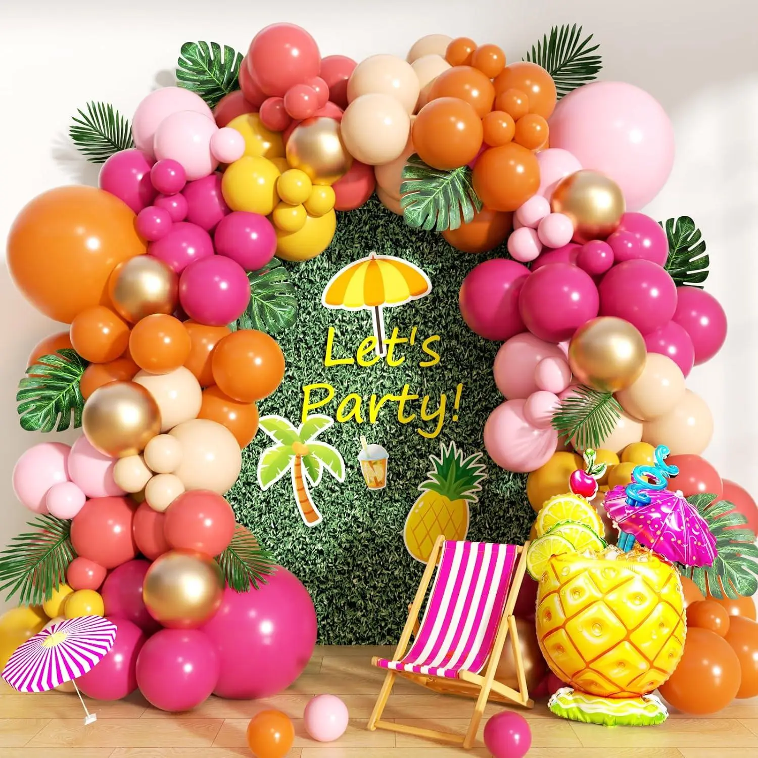 156Pcs Tropical Balloon Arch Kit With Hot Pink Orange Yellow Nude Metallic Gold Balloons Leaves For Hawaiian Luau Pool Beach Birthday Party Decorations