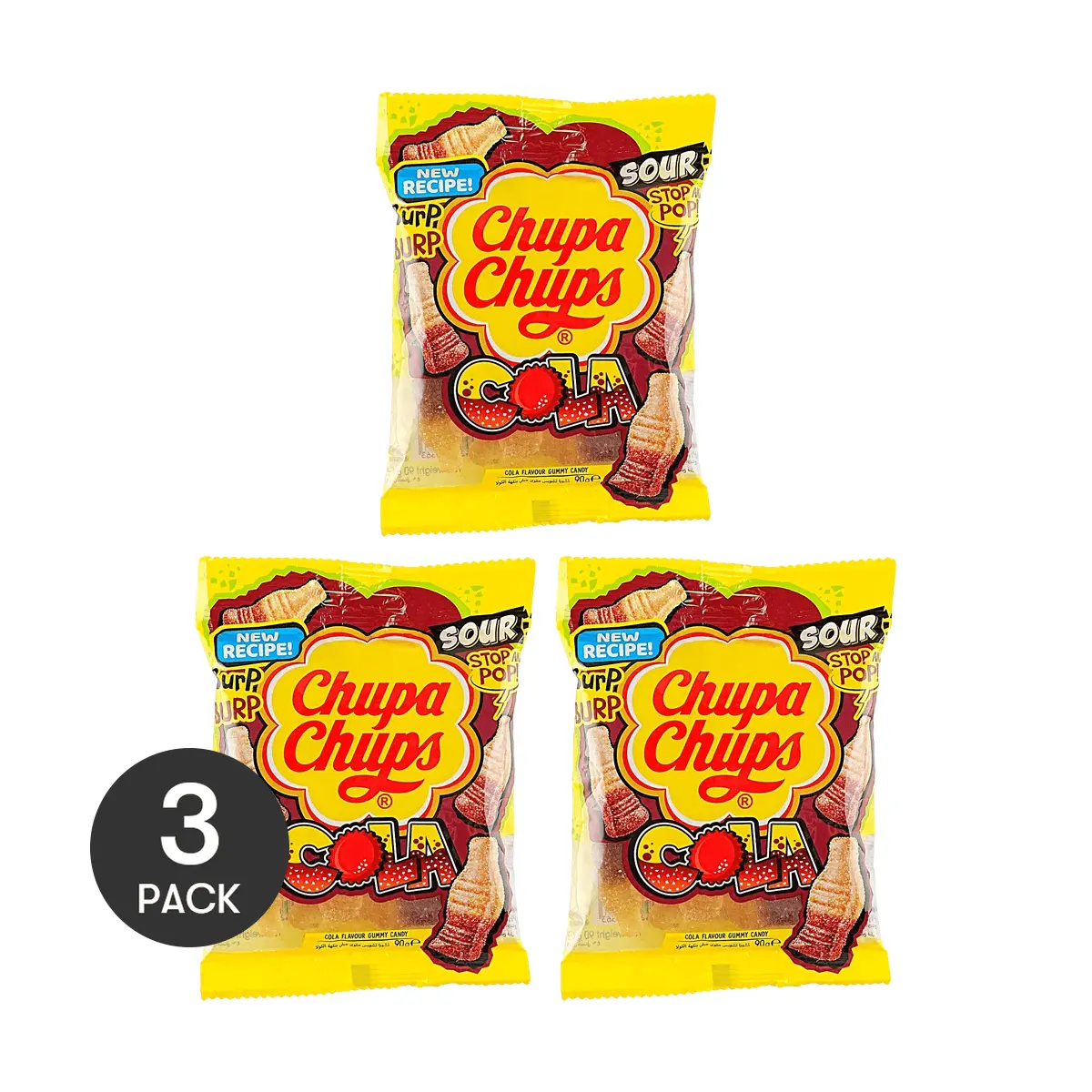 3 Pack Chupa Chups Sour Cola Gummy Candy 3.17 oz Each - Fizzy Tangy Chewy Candy, Fun Snack