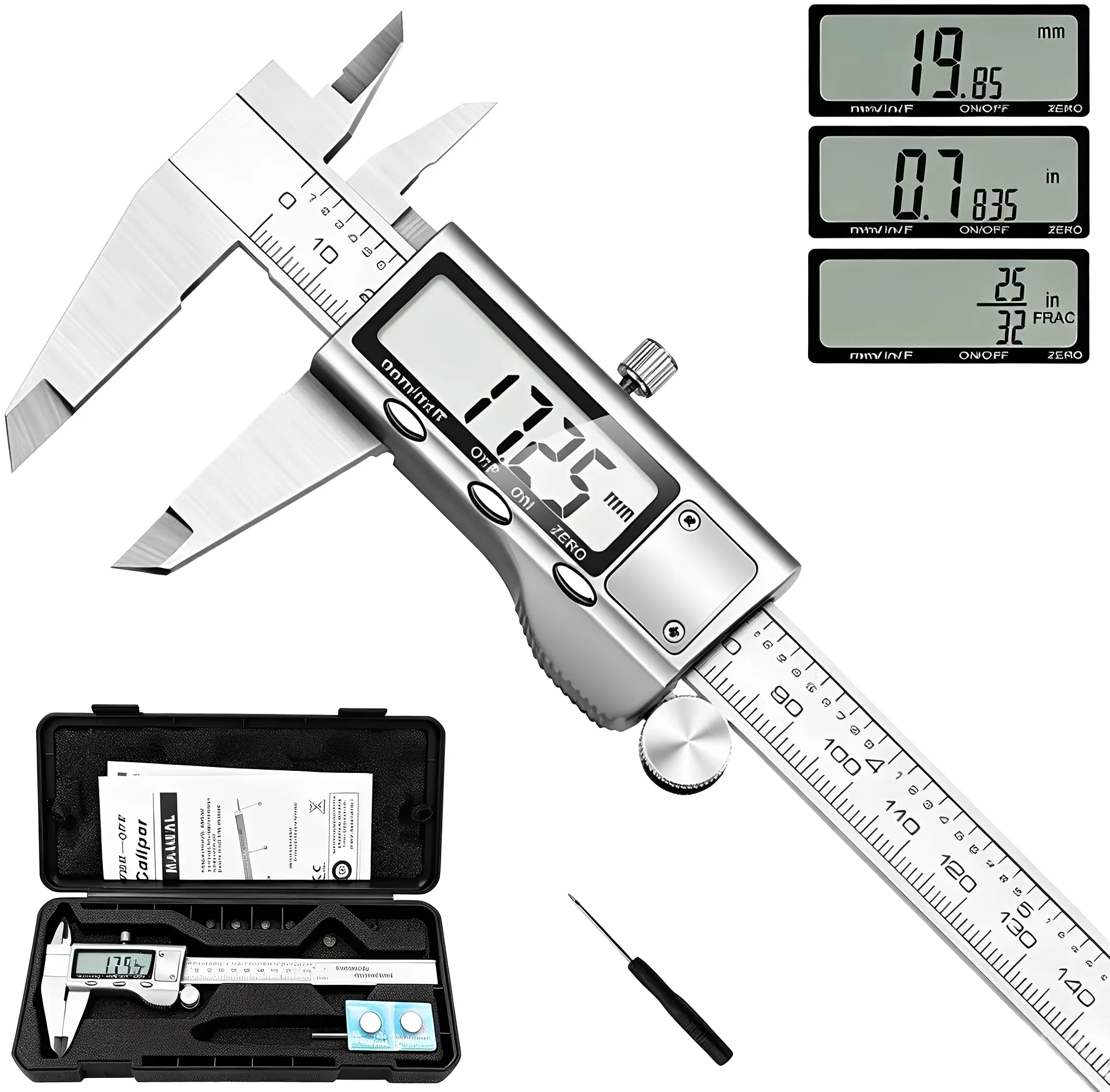 Digital Caliper,Stainless Steel Digital Caliper Measuring,with Large LCD Screen,Electronic Hand Measuring Tool with Large LCD Screen,Auto-Off, Inches/mm Conversion, IP54 Splash Proof for Wood/DIY Metal/Household,