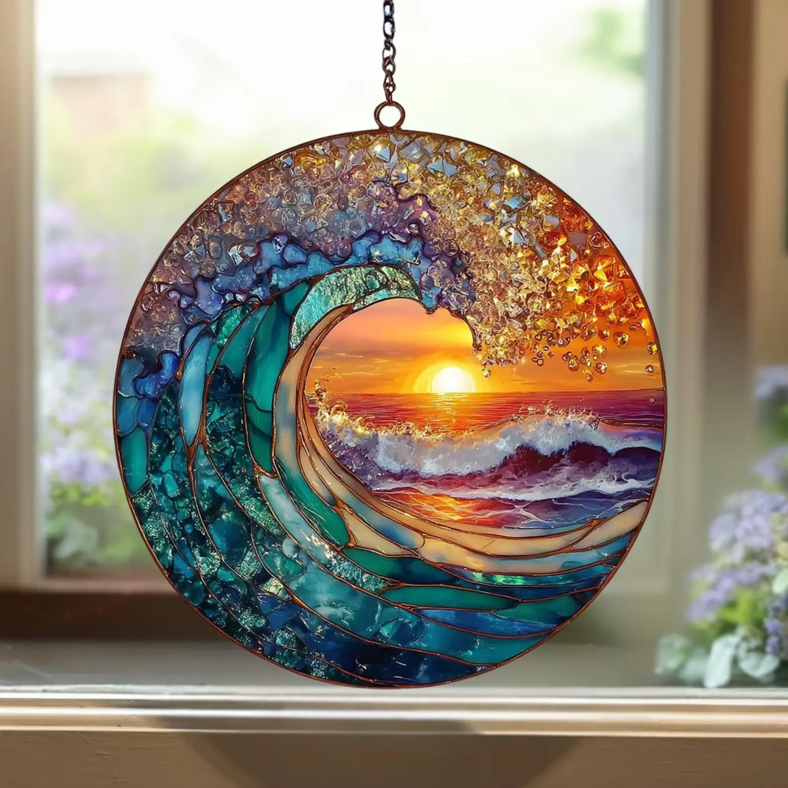Sunrise On The Beach Glass Suncatcher, Ocean Suncatcher, Sunrise Suncatcher