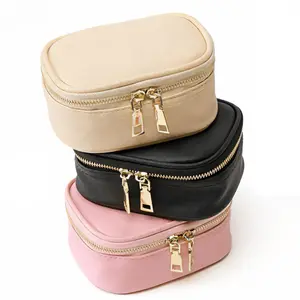 Portable Makeup Bag with LED Light Mirror, Waterproof PU Leather Dual Zipper Small Square Pouch, Travel Cosmetic Jewelry Storage Bag for Women