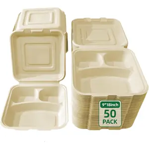 Clamshell Take Out  Containers - 9x8 Inch Takeout Lunch Box Containers To Go Take Out Clamshell for , leftover containers with ,Disposable  Biodegradable, -Free (50)