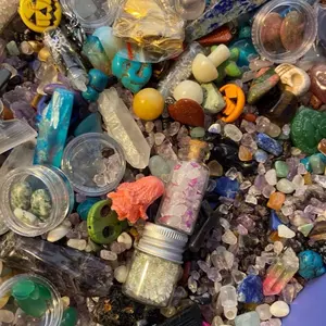 Crystal rock BOX - LUCKY  Variety tumbled stones charms & pendent stones,  various unique,  items box 1/2 pound / 8oz+