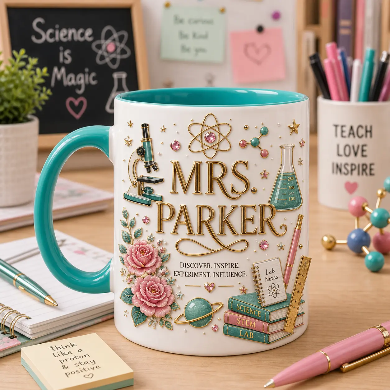 Custom Name Science Teacher Mug Coffee Cup 2D Printed 3D Effect STEM Design Durable Ceramic for Science Teachers STEM Educators Lab Instructors School Staff Family Friends Back to School Birthday Holiday Appreciation Meaningful Gift Idea