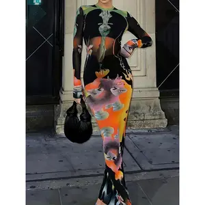 Popular Women's Fashion Printing Slim Fit round Neck Long Sleeves Elegant Graceful Long Dress line  dress