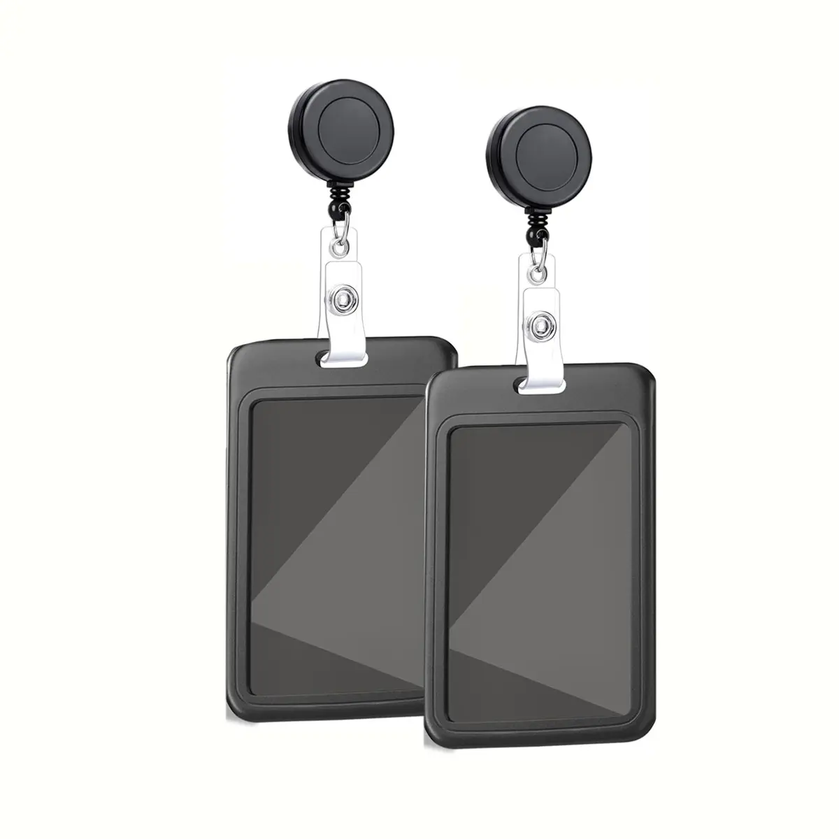 Round ID Badge Clip Set, Adjustable Badge Holder with Buckle Belt Clip and Key Ring, Hard Plastic Card Case with Transparent Window