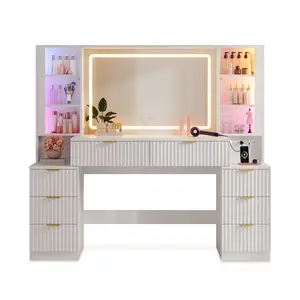 59.1 Inches Fluted Wood Makeup Vanity Desk with Mirror and Sound Sync LED Lights White