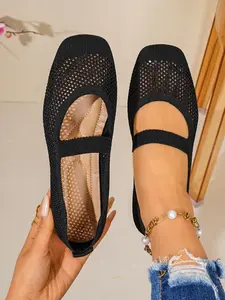 2026 Summer New Breathable Mesh Knit Mary Jane Shoes for Women, Square Toe Soft Sole Flat Shoes, Comfortable Ballet Flats, Casual All-Season Walking Shoes