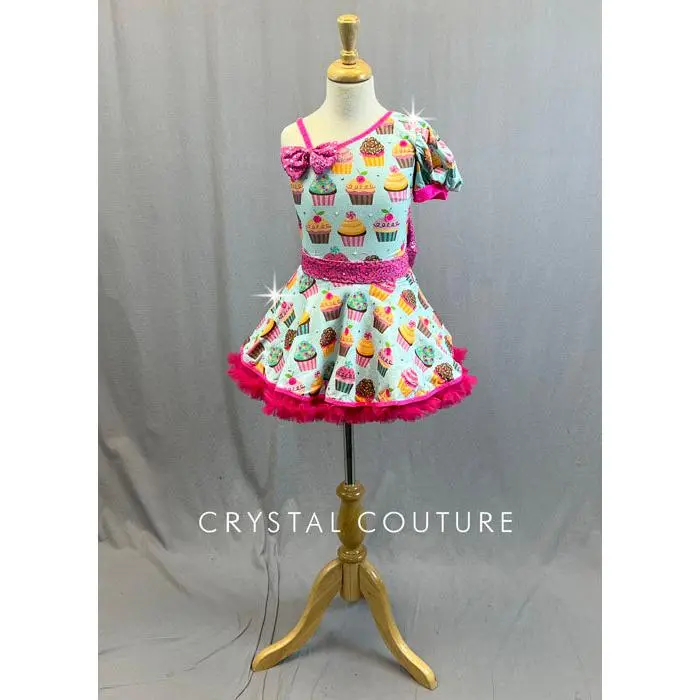 Custom Asymmetrical Puff Sleeve Cupcake Dress with Crinoline and Back Bow - Rhinestones