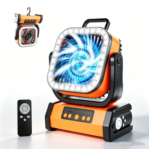 YEZUMOON Rechargeable LED Light Compact Cold-Air Fan-Speaker, 30000mAh Wireless, 4-Speed Remote Control, USB Port, Portable Charger, 120h/15 to 72.5 Hours Runtime, 23x12x19cm, for Tent Camping, Bedroom, Multifunctional Household Appliance