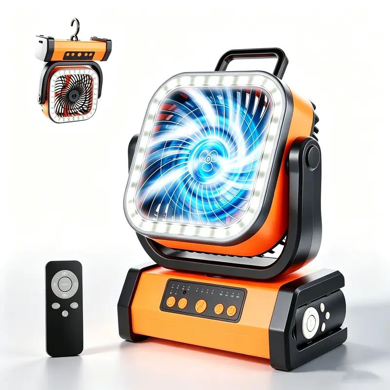 YEZUMOON Rechargeable LED Light Compact Cold-Air Fan-Speaker, 30000mAh Wireless, 4-Speed Remote Control, USB Port, Portable Charger, 120h/15 to 72.5 Hours Runtime, 23x12x19cm, for Tent Camping, Bedroom, Multifunctional Household Appliance