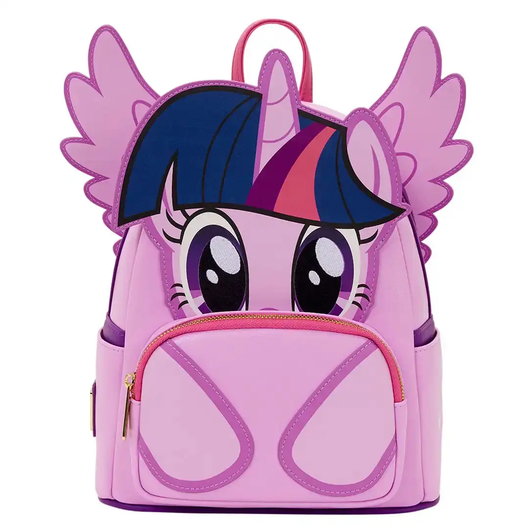 Unisex Glitter Cosplay Mini Backpack with Applique Wings and Star Details, Casual Daypack - 9” W x 10.5” H x 4.5” D, Backpacks For School, Twilight Sparkle, Faux Leather, Compact, Everyday Carry