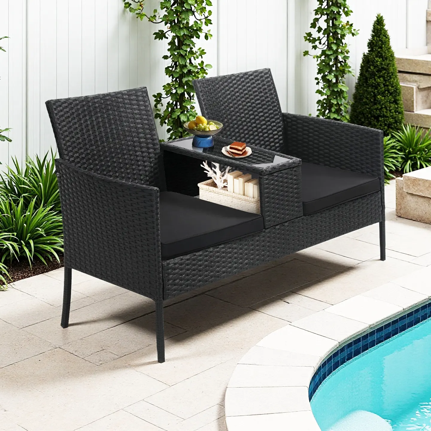 2-Seater Wicker Patio Conversation Set, Outdoor Rattan Loveseat with Table, Washable Cushion Covers for Backyard, Garden, Lawn, Black Rattan with Black Cushions summerwins