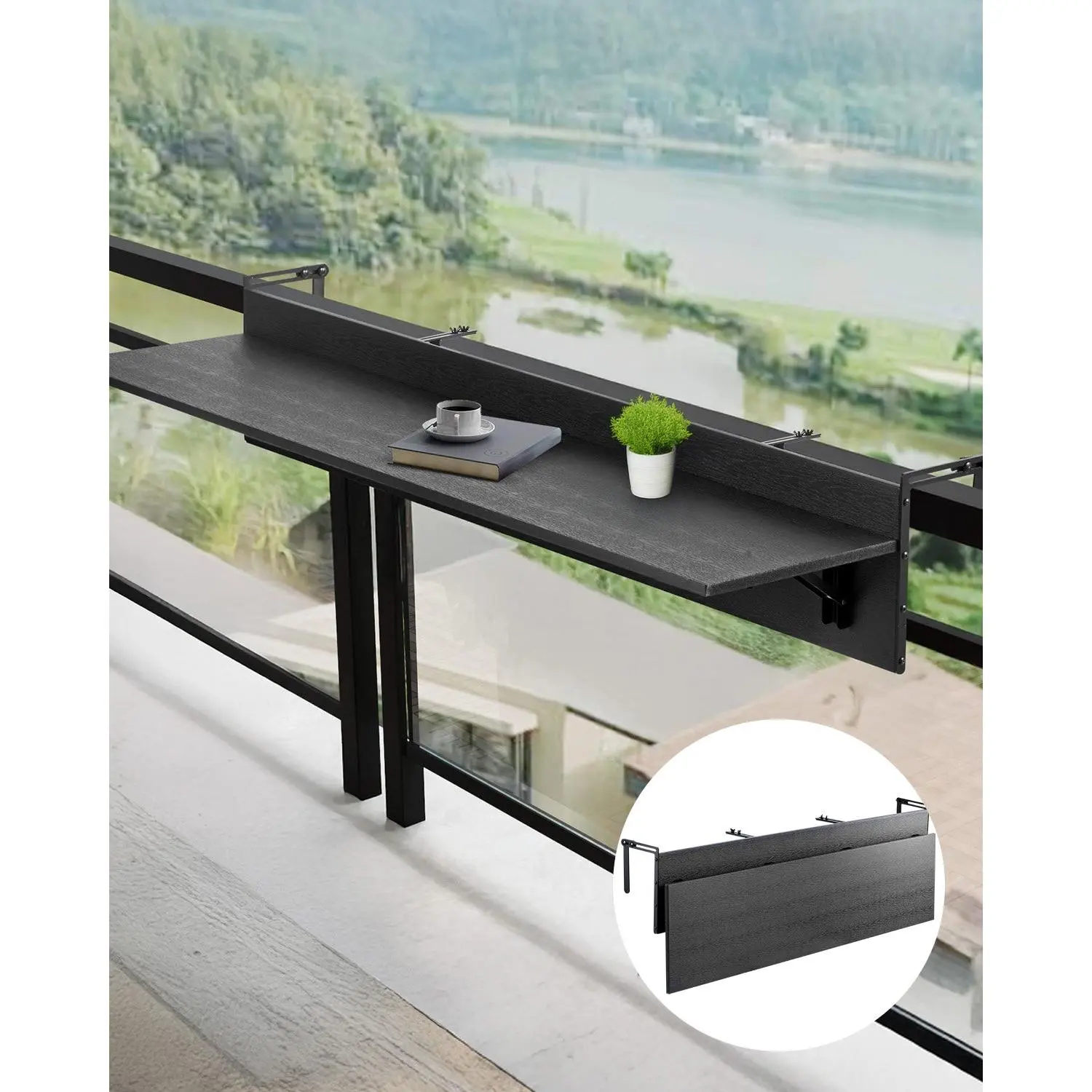 VEVOR Balcony Hanging Table, 12x 59 in Folding Balcony Railing Table, Outdoor Balcony Bar Table for Railings, 50 lbs Loading, Fit Railing from 1 to 5.9, Serving Table for Patio Deck