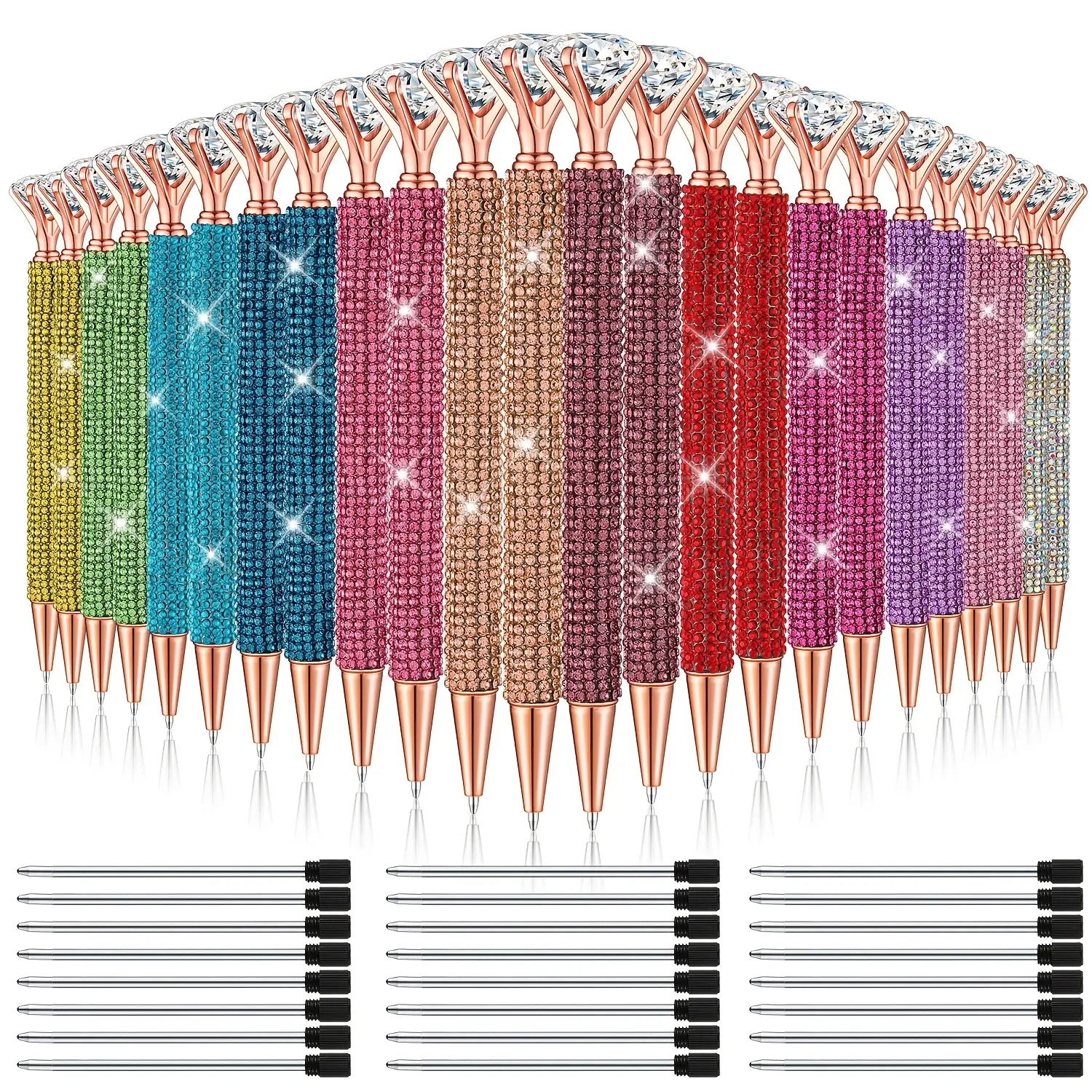 New Scalable Size Sparkling Crystal Design Ballpoint Pens (12/24pcs) - Crystal Finish, Plastic Body, Black Ink, Includes 24 Refills - Office Stationery for Office Use, Includes Refills, Wedding Parties
