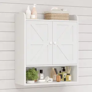 Bathroom Cabinet Storage, Farmhouse Medicine Cabinet with Adjustable Shelves and Double Barn Doors, Over The Toilet Storage Cabinet for Bathroom, Kitchen, Living Room, White