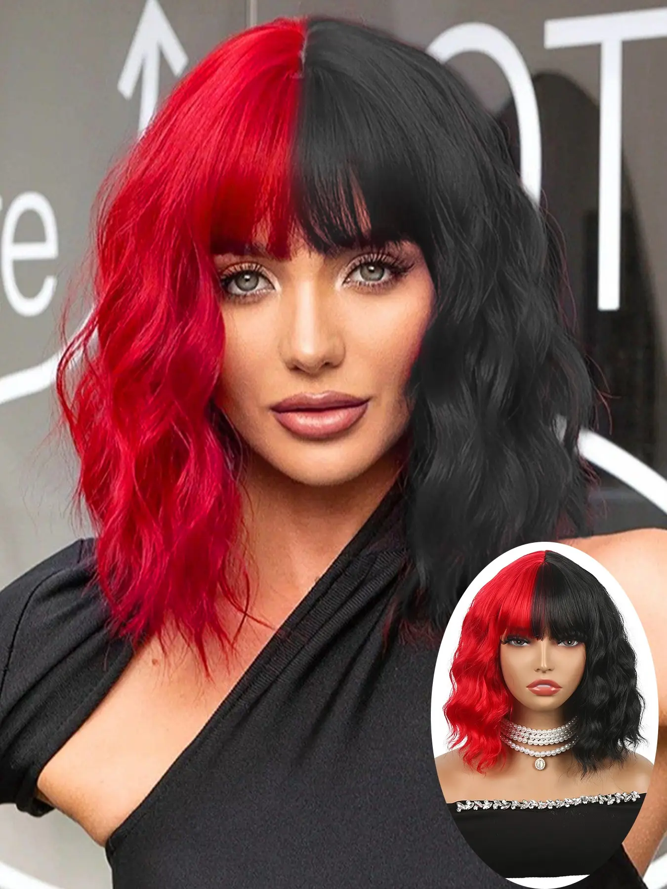Synthetic Heat Resistant Wig With Bangs 10 Inch Cosplay Bob Wig with Bangs Short Curly Half Black Half White Heat Resistant Fiber Hair Women's Y2K Synthetic Fiber Wig Women Party Wig for Christmas New Year Carnival Music Festival, Synthetic Wigs