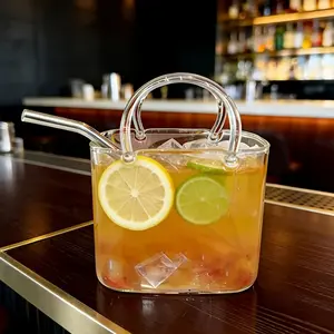 2 Piece Set Glass Cup with Straw, Creative Handbag Glass Cup, Large Capacity, Fruit Wine Cup, Juice Cocktail Cup, Trendy Barware