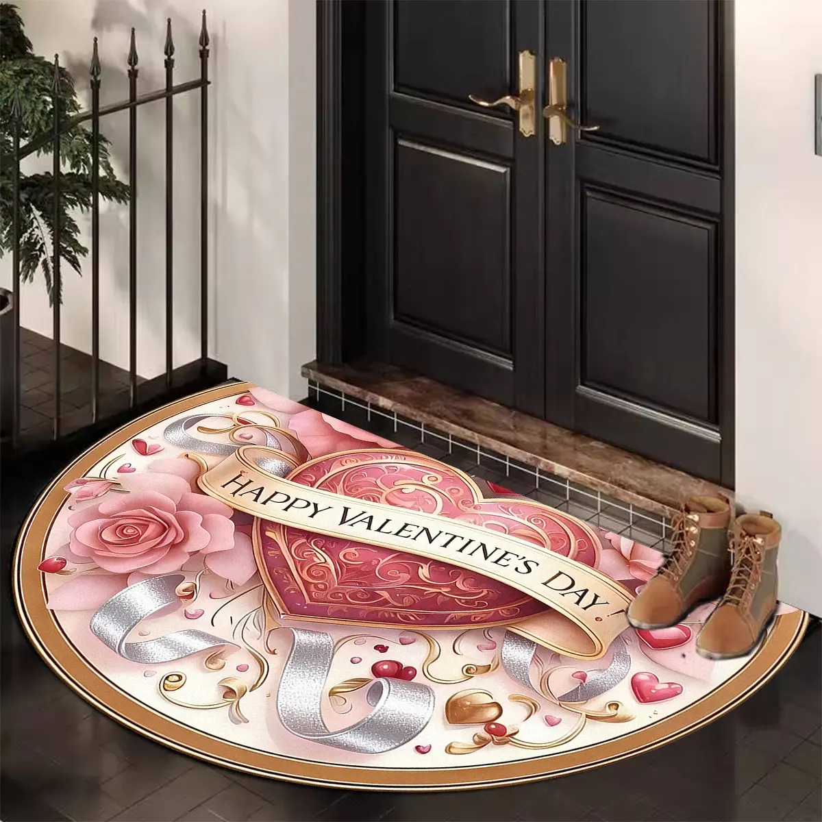 Pink heart rose pattern doormat, 1 PC Valentine's Day themed welcome mat, reflective short plush mat, perfect for entrances, kitchens, balconies, living rooms, bathrooms and outdoor entrances, Valentine's Day decoration, Valentine's Day gift.