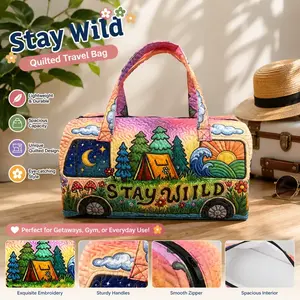Unisex 21in Boho Camping Quilted Duffle Bag, Cute School Bus Camper themed Travel Tote, Forest Adventure Weekender Overnight Gym Bag Sports Outdoor Gear Aesthetic Nature Quilted Camping Camper Travel Bag Carryon Gym Bag