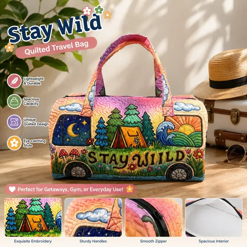 Unisex 21in Boho Camping Quilted Duffle Bag, Cute School Bus Camper themed Travel Tote, Forest Adventure Weekender Overnight Gym Bag Sports Outdoor Gear Aesthetic Nature Quilted Camping Camper Travel Bag Carryon Gym Bag