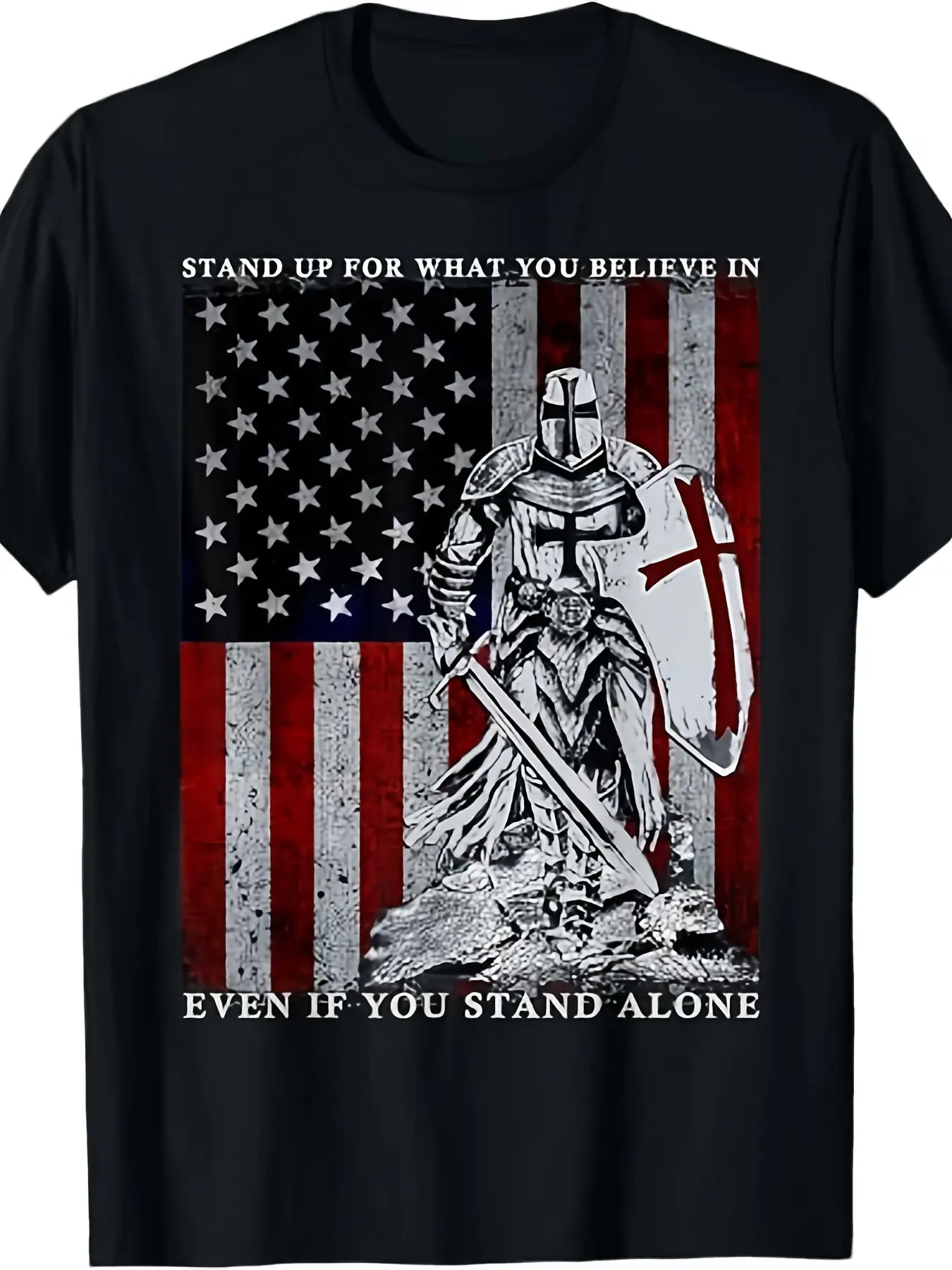 Men's & Women's Knight Templar Crusader T-Shirt with Medieval Knight & American Flag Design - Historical Crusader Costume Apparel Round Neck Regular Fit Suitable for Themed Events Renaissance Fairs Casual Wear
