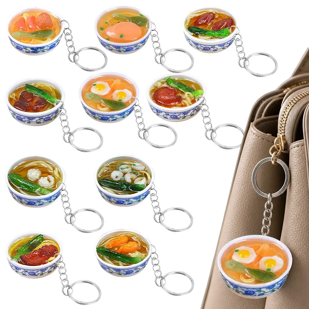 10-Piece Cute Ramen Bowl Keychains, Realistic PVC Miniature Snack Replica Charms, 3D Food Bag Key Accessory for Backpacks, Party Favor Gift, Gift Keychain, Keychain Decor, Hanging Keychain Charms & Twillies