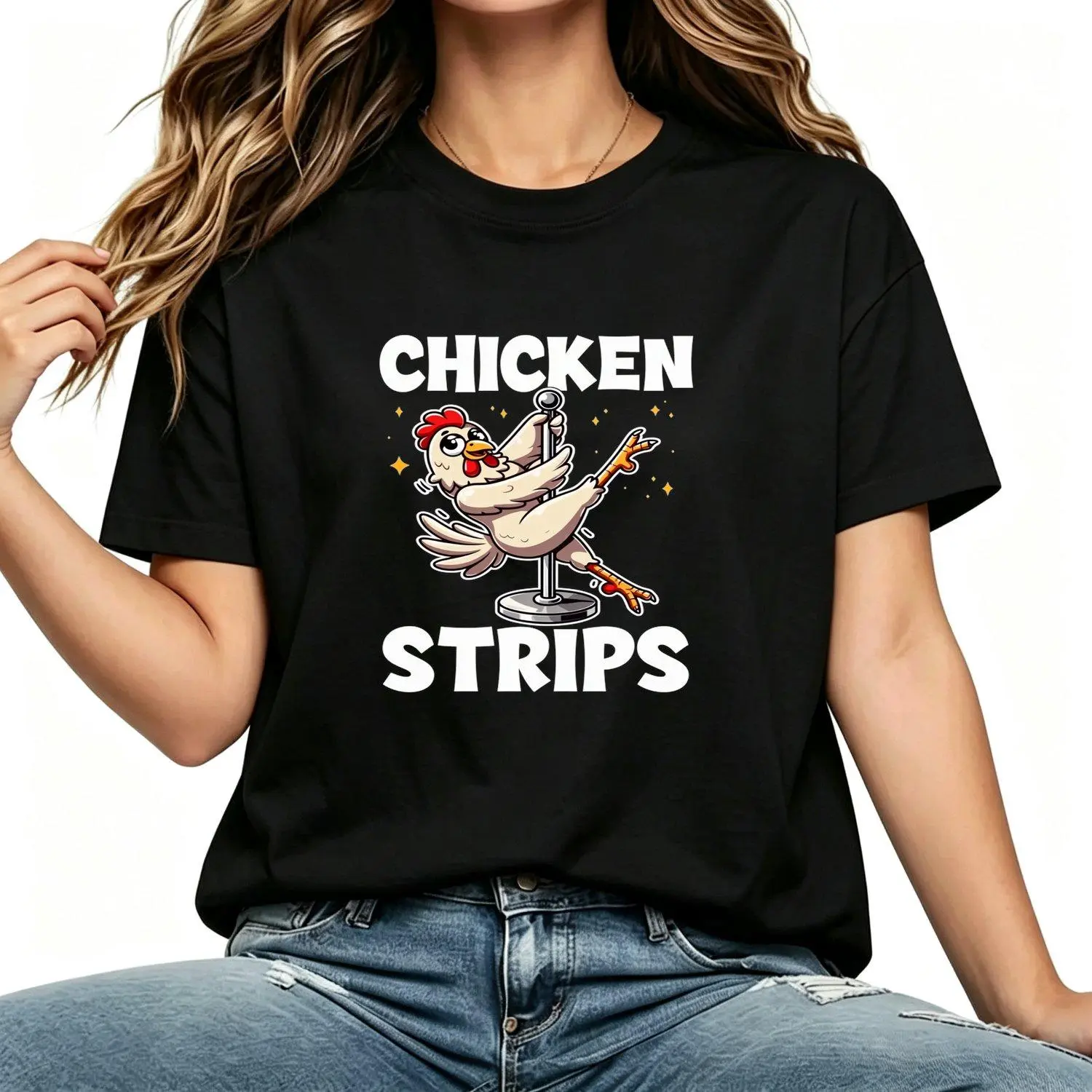Women's Short-Sleeve T-Shirt, Funny Chicken Strip Pattern Graphic Tee for Lady Fried Chicken Lovers, Casual Streetwear, Comfortable Everyday Novelty Apparel, Shortsleeve, Tshirt