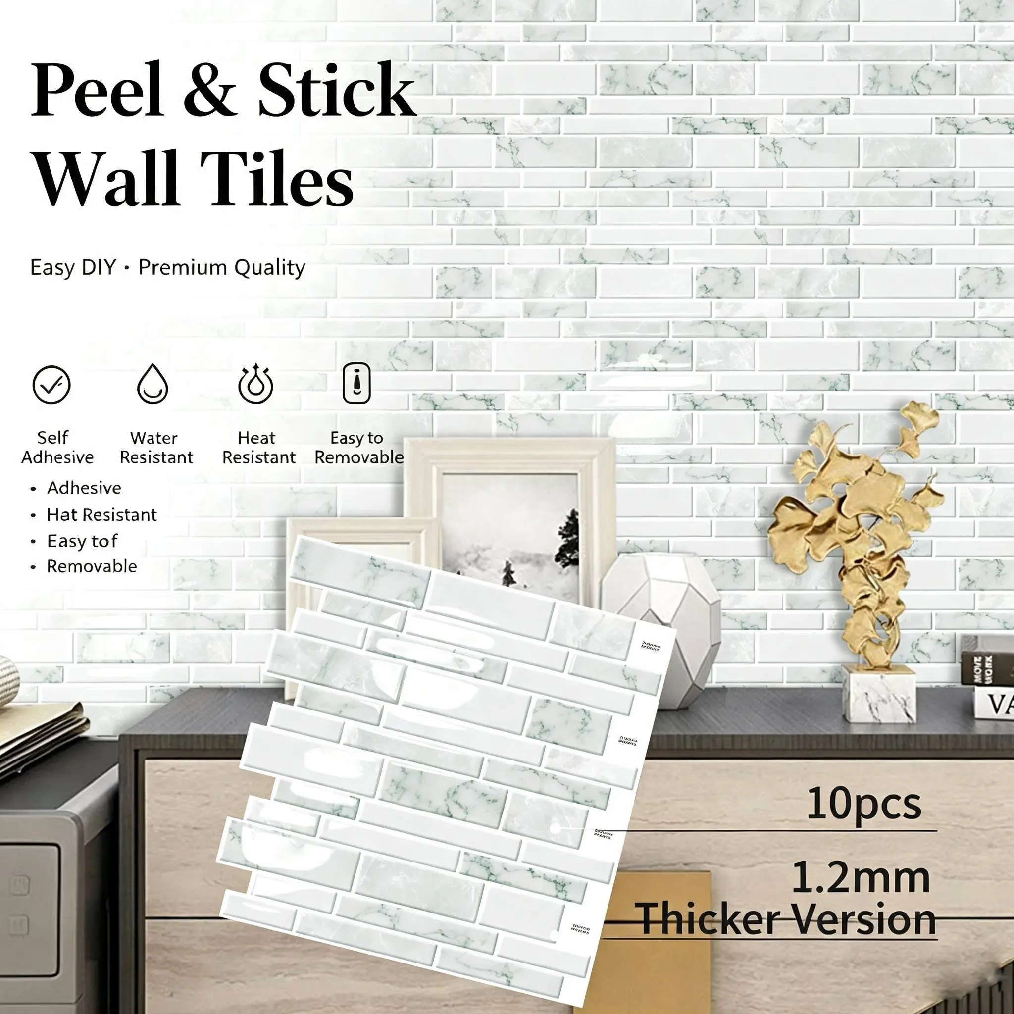 MOONFUN 10-Sheet 12"x12" Marble Look Peel and Stick Backsplash Tile, Thickened Upgrade Self-Adhesive Vinyl Wall Tile, Waterproof Removable Renter-Friendly Sticker for Kitchen, Bathroom Home Decor contact paper installation