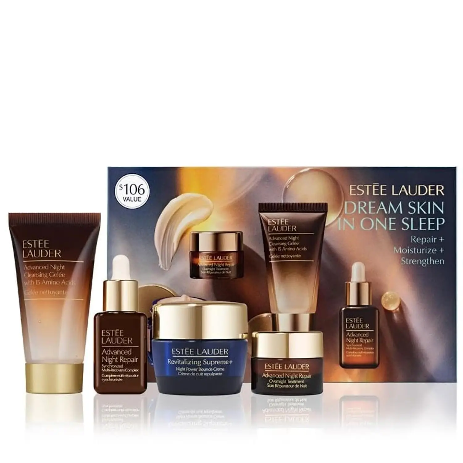 Estée Lauder Dream Skin In One Sleep 4-Piece Skincare Set |   Repair + Moisturize + Strengthen |   Includes Cleanser 1 Fl Oz, Face Serum 0.5 Fl Oz, Moisturizer 0.5 Ounce & Overnight Treatment 0.24 Fl Oz