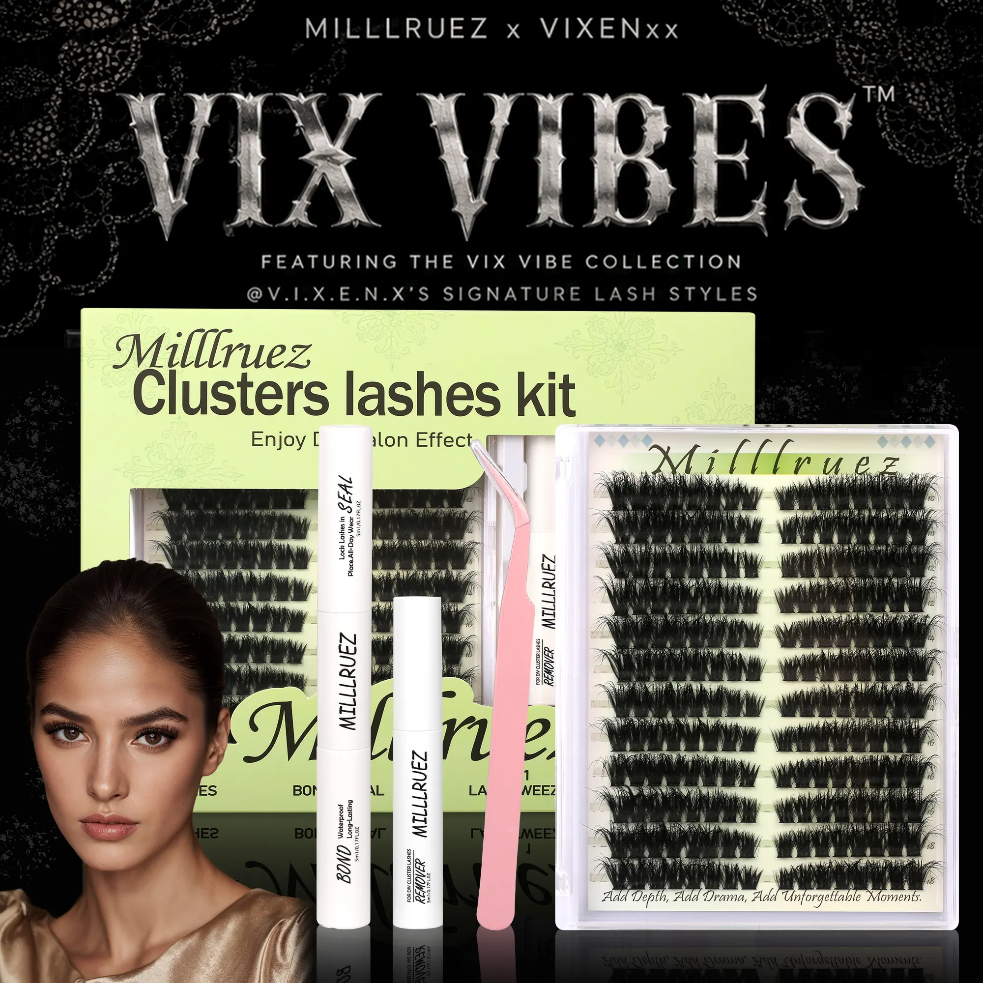 【MILLLUREZ x VIXENxx 】Beginner Friendly  Upgrade Eyelash Extension Kit  False Lashes (Cluster & Individual) with  Lash Bond & Seal for Instant Glam  WaterProof Lashes for For Girl  Eyelash Extension at Home Makeup  gift