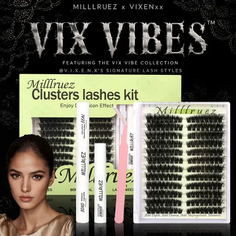 【MILLLUREZ x VIXENxx】Beginner-Friendly Upgraded Eyelash Extension Lash Cluster Kit - Waterproof Bond & Seal, Dramatic Lashes, Home Use, Accessories Bundle & Boxed Packaging False Eyelashes & Adhesives