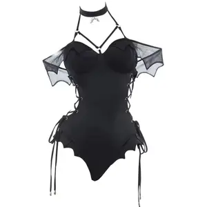 Women's Gothic Swimsuit Black Bat One Piece Swimsuit Dark Bat Style Vintage Bat Design Cross Lace-up Retro Dark Swimwear cosplay costume