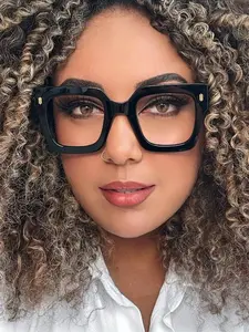 Fashion New Square Metal Rivet Large Frame Thick Edge Anti-Blue Light Glasses, Casual Style, Polycarbonate Material, All Seasons