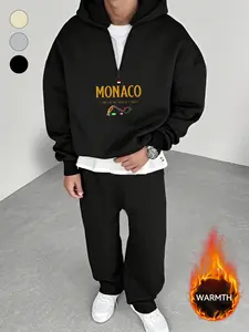 Oversized Quarter-Zip Black Fleece Tracksuit | Winter Warm Monaco Graphic Hoodie & Jogger Set | Thickened Baggy Fit Athleisure Outfit for Street Style Comfort Streetwear Tracksuit