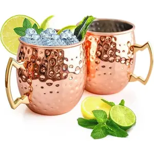 Set of 2 16oz Moscow Mule Mugs, Hammered Copper Cups with Gold Brass Handles, Large Capacity Great Gifts for Cold Drinks Beer Cocktail Wine Bars