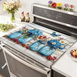 Soft Electromagnetic Stove Panel Protector Pad, Blue Vase Flower Wood Grain Design, Scratch Resistant, Easy to Clean, Multi-Purpose Kitchen Cover, Kitchen Decorative Placemat
