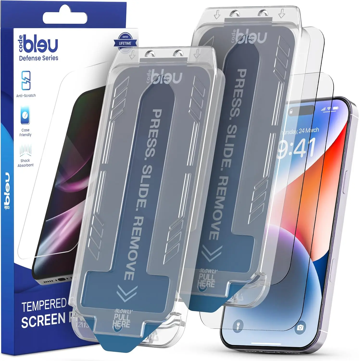 CODE BLEU 8K HD Phone Protection Film for iPhone Series 16/15/14 - 2 Pack Tempered Glass with Dust Free Installation and Lifetime Warranty