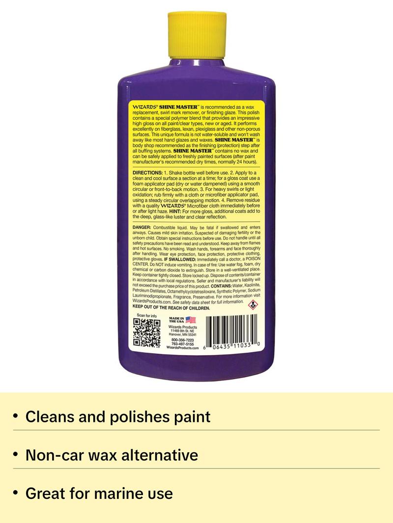 Wizards Shine Master Polish and Sealant - Cleans, Polishes and Seals Paint in One - Non-Carnauba Wax-Based Boat Water Spot Remover - Wax Replacement for Boat and Car Detailing Supplies