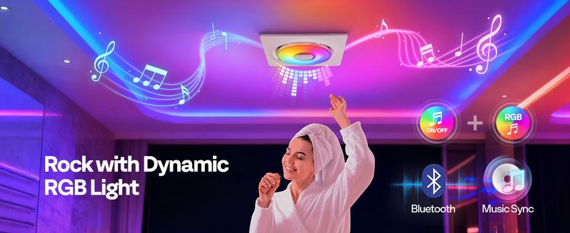 VIVOHOME 4-IN-1 AutoFlow Bathroom Exhaust Fan with RGB Light & Bluetooth Speaker & Humidity Sensor (30-110-160CFM) - 2700K/4000K/5700K LED Light, Energy-Saving EC Motor (Install Kit, 4-in Duct)