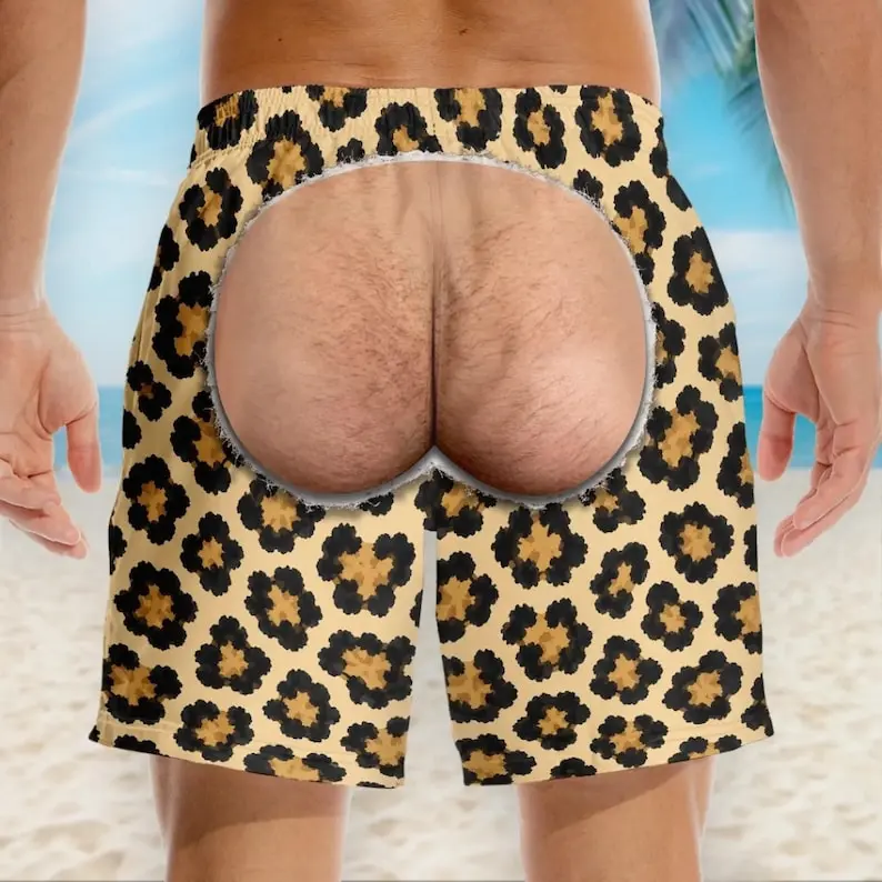 Men's Funny Open Back Boxer Shorts, Leopard Print Novelty Gag Underwear, Breathable Stretch Lounge Shorts, Bachelor Party Gift, Funny Costume Boxer Briefs for Beach, Vacation, Festivals & Adult Party
