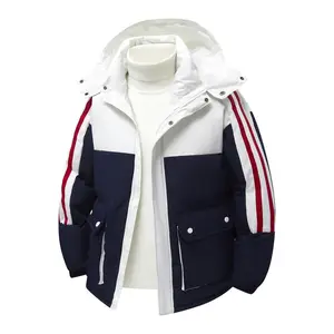 Men's heavyweight winter jacket with removable hood and collar, full zipper striped colorblock coat, large pocket workwear cotton jacket, hooded back door, and full-length zipper closure, suitable for skiing, snowboarding, Fashion Casual Long Sleeve