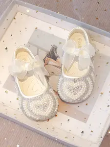 Breathable Anti-Slip Soft Sole Bowknot Design Flats Shoes with Pearl Decorations, Stylish Princess Style Slip-Ons for Spring & Fall