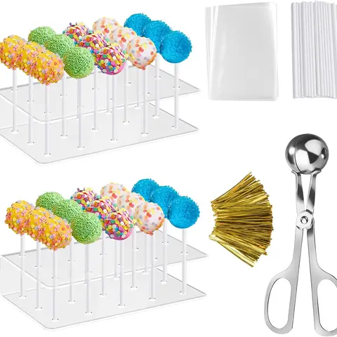 2 Pack Cake Pop Stand with Sticks Kit, Acrylic Lollipop Hold Stand, Clear Cake Pop Display Holder, 15 Holes Candy Pop Holder with 100 Pcs Sticks, 100 Pcs Clear Wrappers, 100 Pcs Gold Twist Ties Wedding Baking