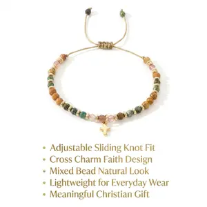 Adjustable Cross Charm Beaded Bracelet, Gold Tone Faith Bracelet with Sliding Knot, Unisex Religious Gift for Daily Wear boho chic style ultra strength cross bracelet
